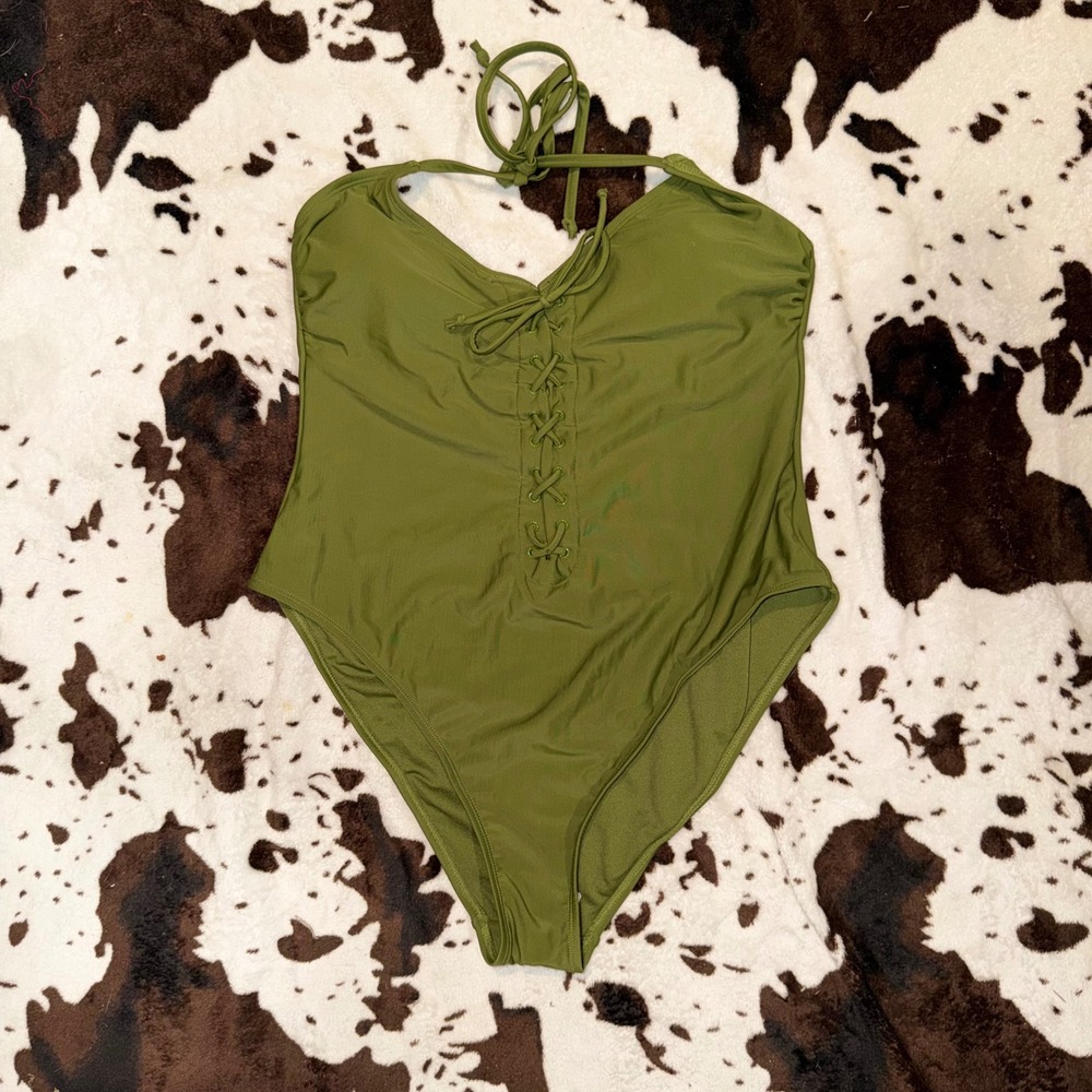 No Boundaries One Piece Swimsuit Women XL Green Lace Up Cheeky Boho Beachwear